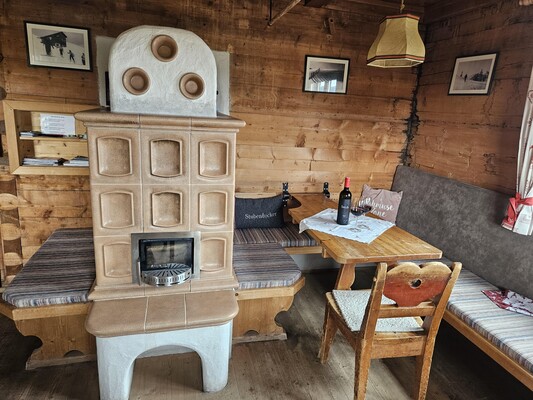 rustic farmhouse with tiled stove